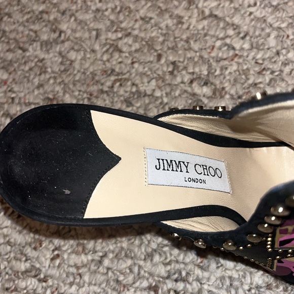 Jimmy Choo, black/pink/gold, suede open peep toe, mule style heels - Picture 7 of 8
